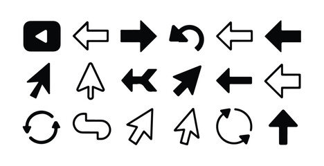 Essential set of black and white interface arrows and mouse pointers for apps