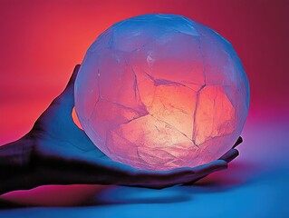 Hand holding glowing faceted orb. Light is pink/blue