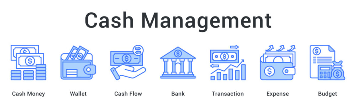 Cash management controlling money flow from wallet through bank transactions to expense budgeting efficiently.