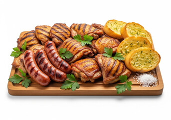 Fototapeta premium Grilled chicken, sausages and garlic bread on wooden board