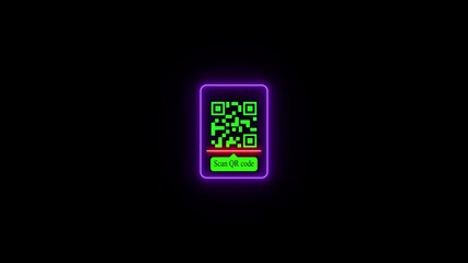 Glowing neon payment QR code icon animation,QR code with scan icon isolated animation ,mobile QR code neon icon animation, QR code 4k video footage