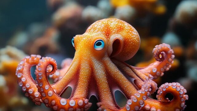 Vibrant orange octopus gracefully swimming among colorful coral reefs