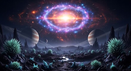 A vibrant, otherworldly landscape showcases a celestial spectacle, with vibrant colors erupting from a nebula-like event above a rocky alien planet.