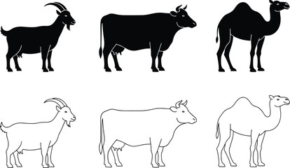 Farm animal silhouettes and outline illustrations of goat, cow, and camel livestock icons for agriculture, farming, husbandry design and educational projects