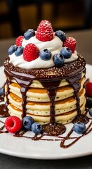 A stack of golden pancakes, generously drizzled with melted chocolate, topped with fresh raspberries and blueberries, and whipped cream, creating a delightful dessert.