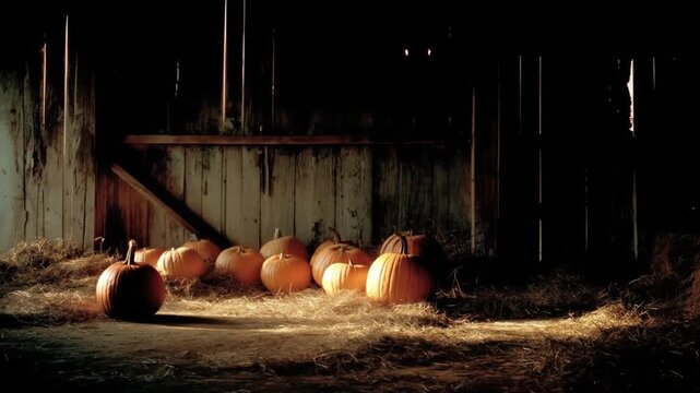 A dimly lit barn interior showcases pumpkins, hay, and slatted wood. Beams of light pierce the gloom