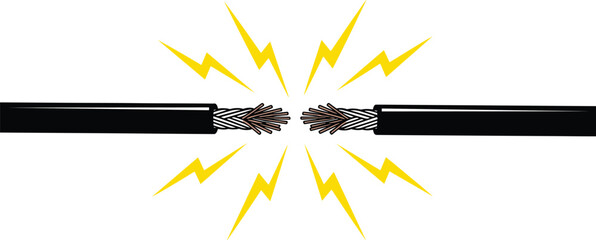 Illustration of broken electric cable with exposed wires and energy sparks symbolizing danger, power failure, electrical hazard, repair issues and safety warnings