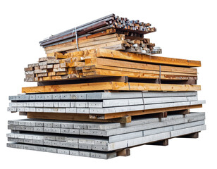 Stack of Various Wooden Planks and Logs at a Construction Site with Natural Texture in the Background