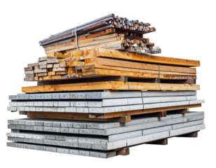 Stack of Various Wooden Planks and Logs at a Construction Site with Natural Texture in the Background