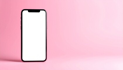 ピンク色背景に直立する白抜き画面のスマートフォンのモックアップ　白いディスプレイのスマホ