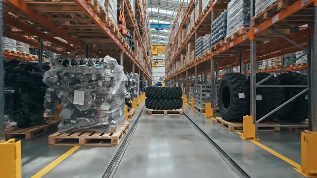 Automated warehouse system with robotic carts transporting goods and tires in a modern logistics center.