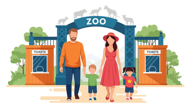 Under a blue archway crowned with animal silhouettes, a cheerful family of four walks hand in hand past wooden ticket booths, ready to begin a fun-filled day of adventure and discovery at the zoo