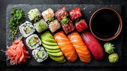 Hyper-Realistic Top-Down Japanese Sushi Assortment on Black Slate