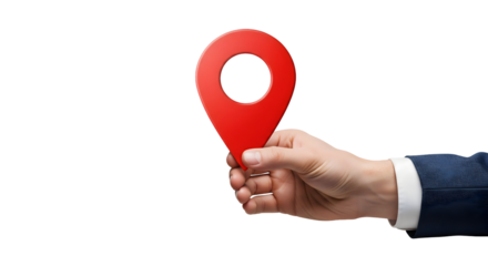 A hand holding a red location marker, showing a sense of place or direction, isolated on transparent background	
