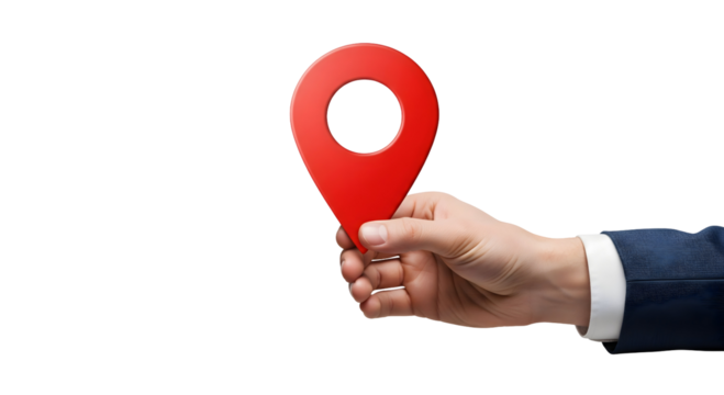 A hand holding a red location marker, showing a sense of place or direction, isolated on transparent background
- Powered by Adobe