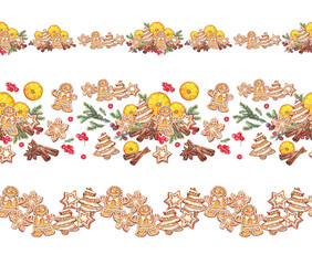 Watercolor set with seamless border with gingerbread man and orange slice and cinnamon and Christmas tree on white background. Hand-drawn rim with food for New Year celebration. Wallpaper or wrapping