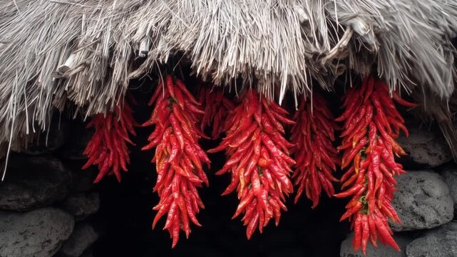 Bright red chili peppers hanging below a thatched roof and above a stone wall
