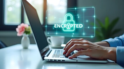 Digital data security concept showing a glowing 'ENCRYPTED' padlock over a laptop, symbolizing online privacy and robust cyber protection