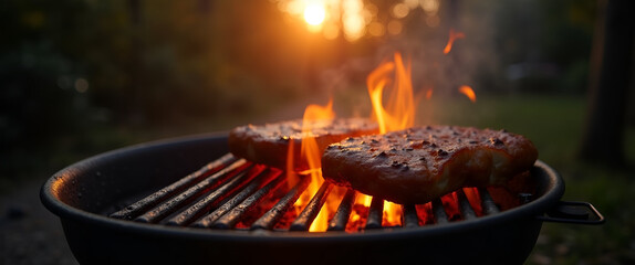 A serene evening scene featuring a barbecue grill casting flickering shadows, with glowing embers and smoke, allowing for breathtaking composition and open copy space for branding.