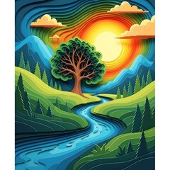 Layered paper art depicts a vibrant natural landscape with a winding river under a bright sun