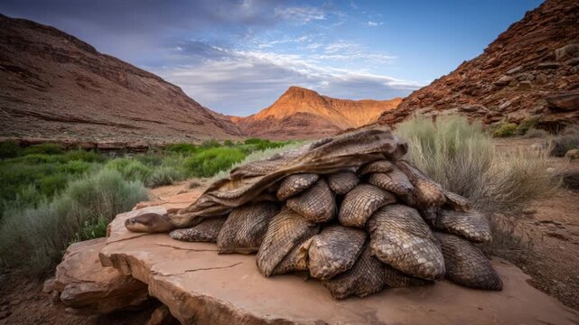 A coiled reptile on a rock formation observes a scenic desert valley with mountains under a serene sky