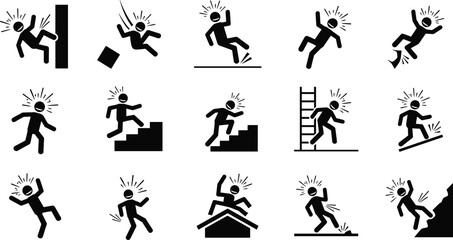 Workplace accident icons, slip and fall hazard symbols, safety warning silhouettes showing injury risks, tripping dangers, and occupational safety illustration set
