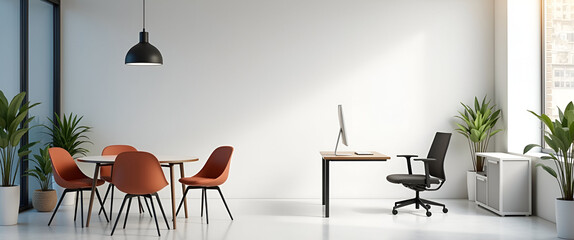 Minimalist depiction of hybrid workplace trends, featuring essential technology elements and furniture placements with an emphasis on copy space for visual branding.