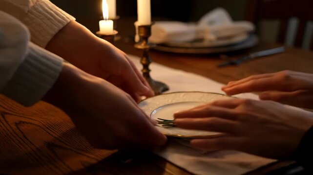Hands arranging rosemary sprig on table with candles and dinnerware