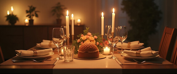 Cozy at-home birthday dinner ideas: warm lighting, elegant table settings & personalized copy space for a memorable celebration | Simple DIY birthday decor & intimate dining concepts.