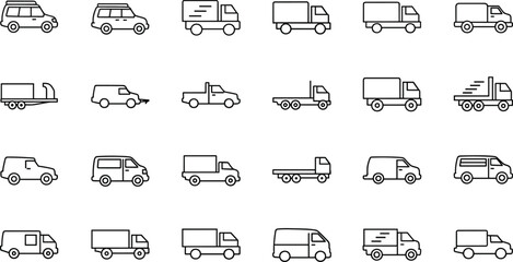 Collection of delivery trucks, vans, pickups and transportation vehicle icons, minimal line art cargo transport set for logistics illustration