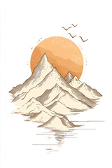 Minimalist mountain landscape illustration with a warm sun and soft reflection in water. Linear style, natural tones and a calm aesthetic for decor and design