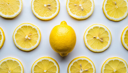 A whole lemon centered among sliced lemons on a white background.