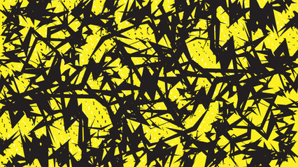 Abstract Jagged Black Shapes on Bright Yellow Chaotic Pattern Background for Modern Graphic Design and Trendy Artistic Wallpaper