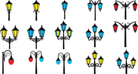 Collection of vintage decorative street lamp illustrations with colorful lantern designs, urban lighting elements, classic ornamental lamp posts for cityscape artwork