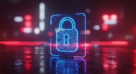 Holographic padlock icon with circuit board pattern on a reflective surface security digital