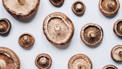 Freshly harvested shiitake mushrooms arranged on a white surface.