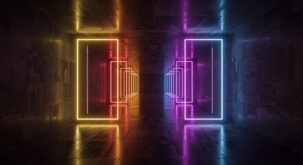 Neon light rectangles in a dark concrete tunnel with colorful reflections lights corridor