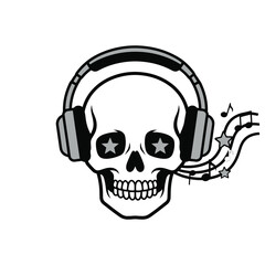 Human skull wearing headphones with star eyes and musical notes vector illustration.