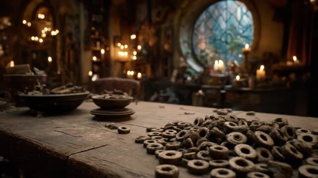 Close-up of table with scattered ring-shaped objects, lit with candles, round window