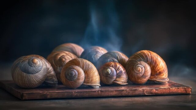 Seven snail shells arranged on a wooden board against a blurry, dark background
