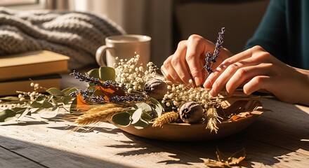 Person arranges dried botanicals and grains into a decorative centerpiece indoors during daylight