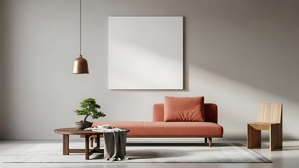 Clean minimalist living room interior showcasing a customizable blank frame for artwork or display