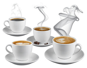 White Coffee Cups with Steam Swirling in Various Unique Forms, PNG bundle collection, Isolated on Transparent Background
