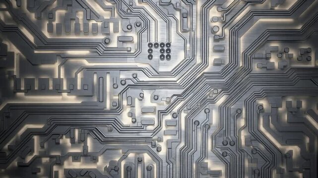 Closeup view of a complex electronic circuit board with glowing pathways.