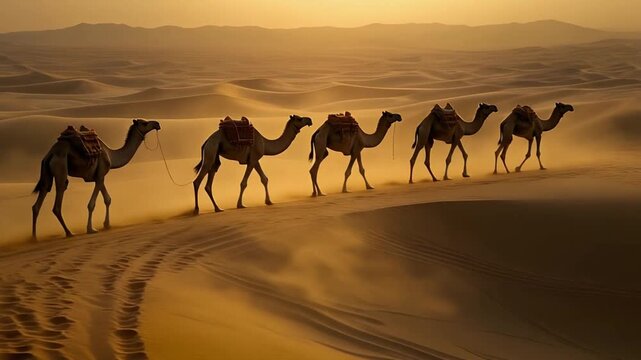 camel in the desert, Moroccan cameleers (camel driver) bedouin with camel silhouettes in sand dunes of Merzouas desert. Caravan in Sahara desert travel tourism background safari adventure