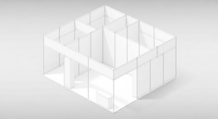 Obraz premium Isometric view of a white modular exhibition stand or trade show booth structure on a light gray background.