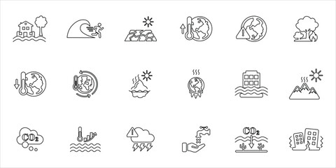 Obraz premium climate change icons set. climate change, melting ice, flooding, ocean warming, extream weather, tsunami and more. simple line vector