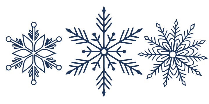 three minimal snowflakes in varied geometric shapes, ultra-clean thin stroke, softly arranged, Nordic winter symbol set, isolated on white background, vector line illustration
