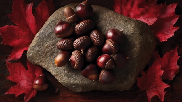 Overhead shot of acorns atop a stone, surrounded by red fall leaves on a wooden surface