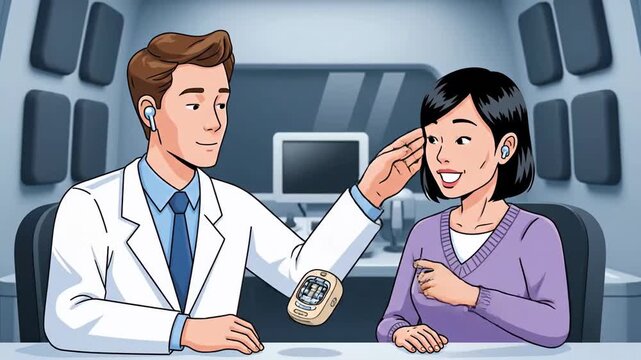 Audiologist Explaining Hearing Devices To A Woman Patient In A Modern Laboratory